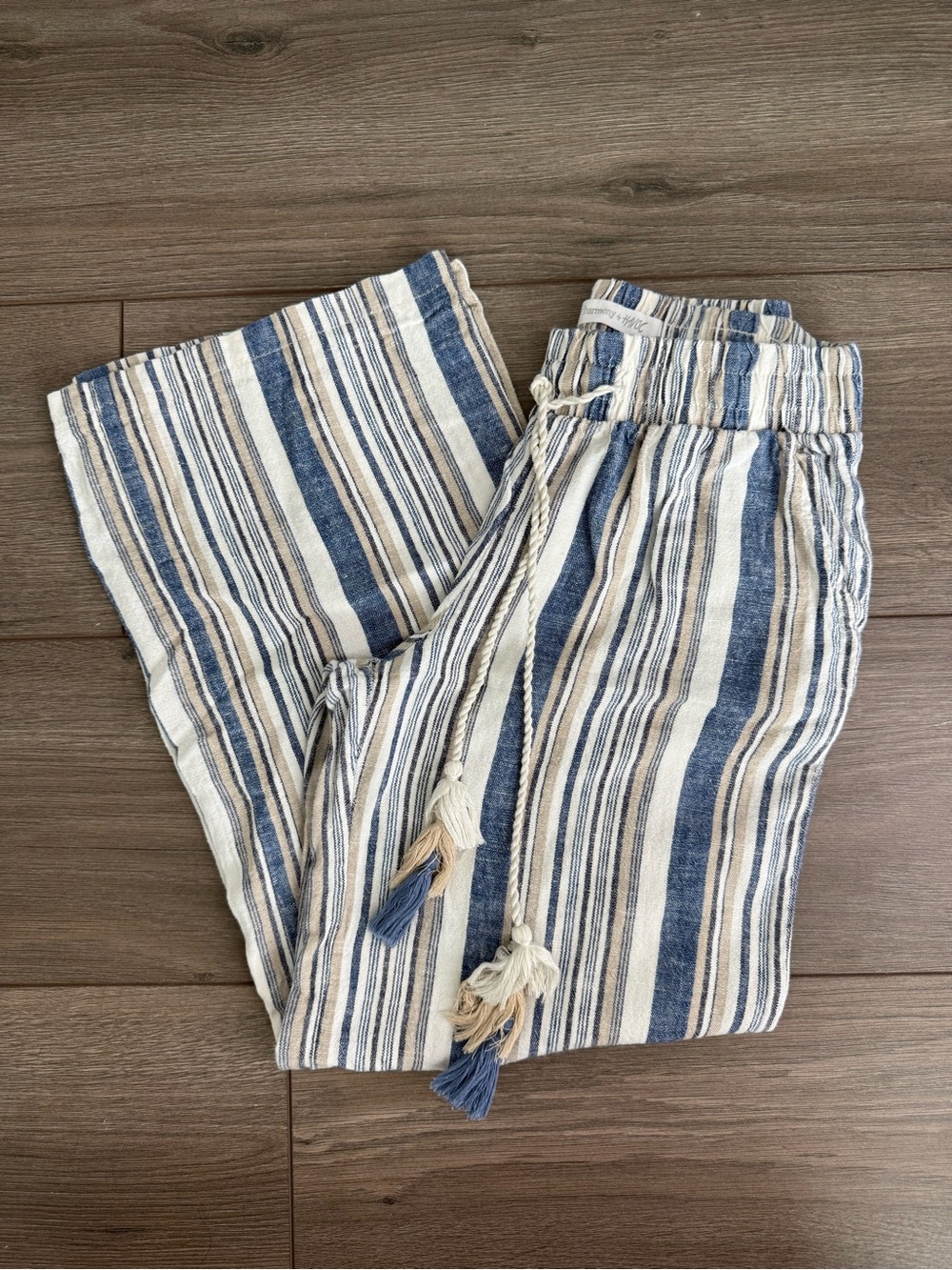 Wide Leg Striped Drawstring Pants - Blue & Cream
